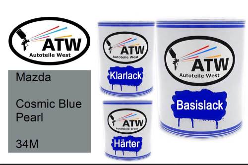 Mazda, Cosmic Blue Pearl, 34M: 1L Lackdose + 1L Klarlack + 500ml Härter - Set, von ATW Autoteile West.